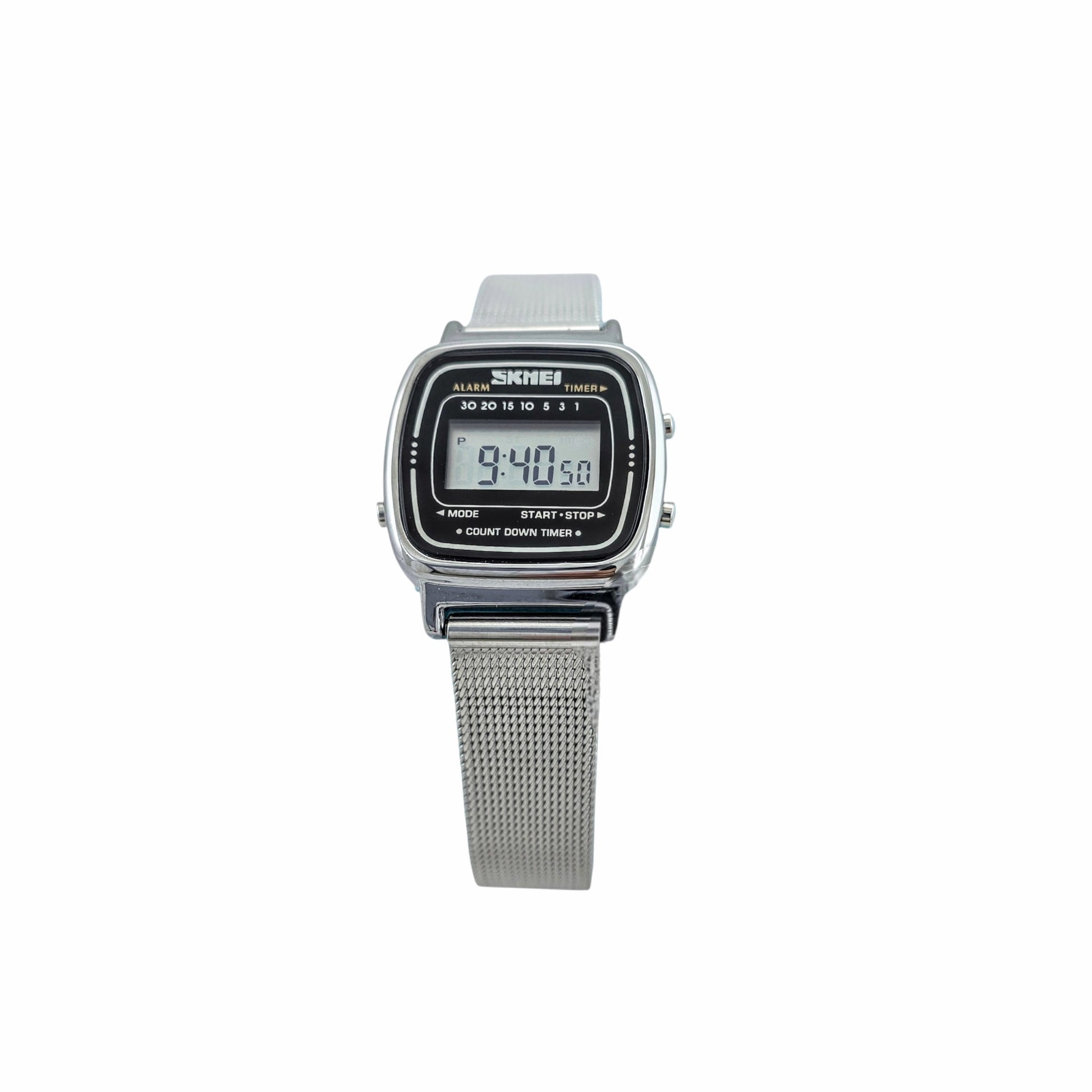 Montre digital rétro LCD bracelet mesh argenté milanais vintage 80s unisex carré