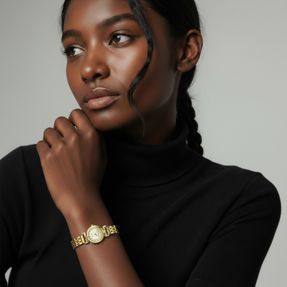 Montre femme ronde dorée cadran texturé doré bracelet maillons rectangulaires chaîne