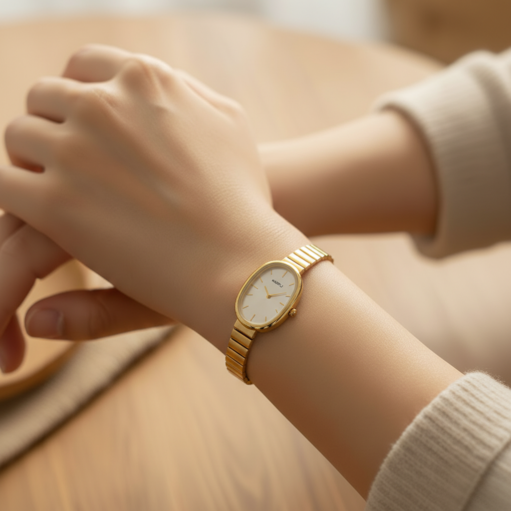 Montre femme ovale dorée cadran argenté bracelet extensible doré rétro chic
