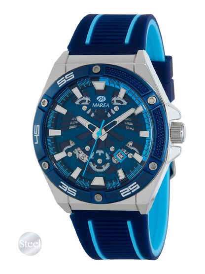Montre sport homme Marea en acier inoxydable, lunette et cadran bleus à engrenages apparents, bracelet silicone bleu