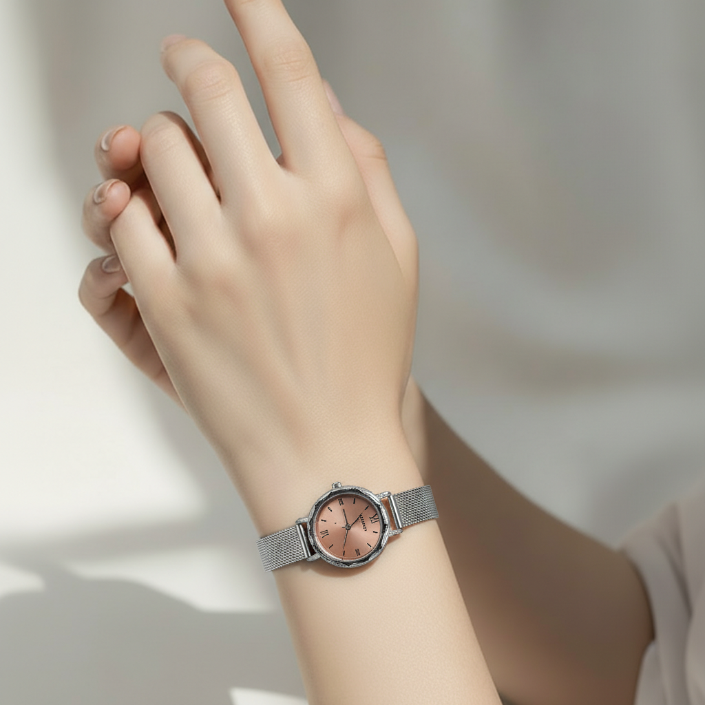 Montre femme acier inoxydable cadran rose gold bracelet mesh argenté milanais ajustable