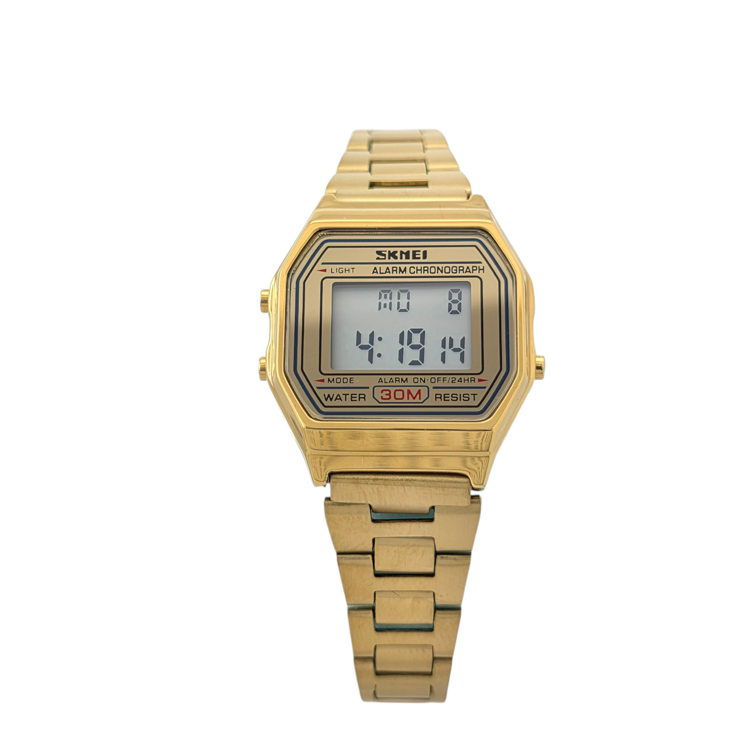 Montre digital rétro 27mm dorée bracelet acier chrono alarme LCD vintage 80s