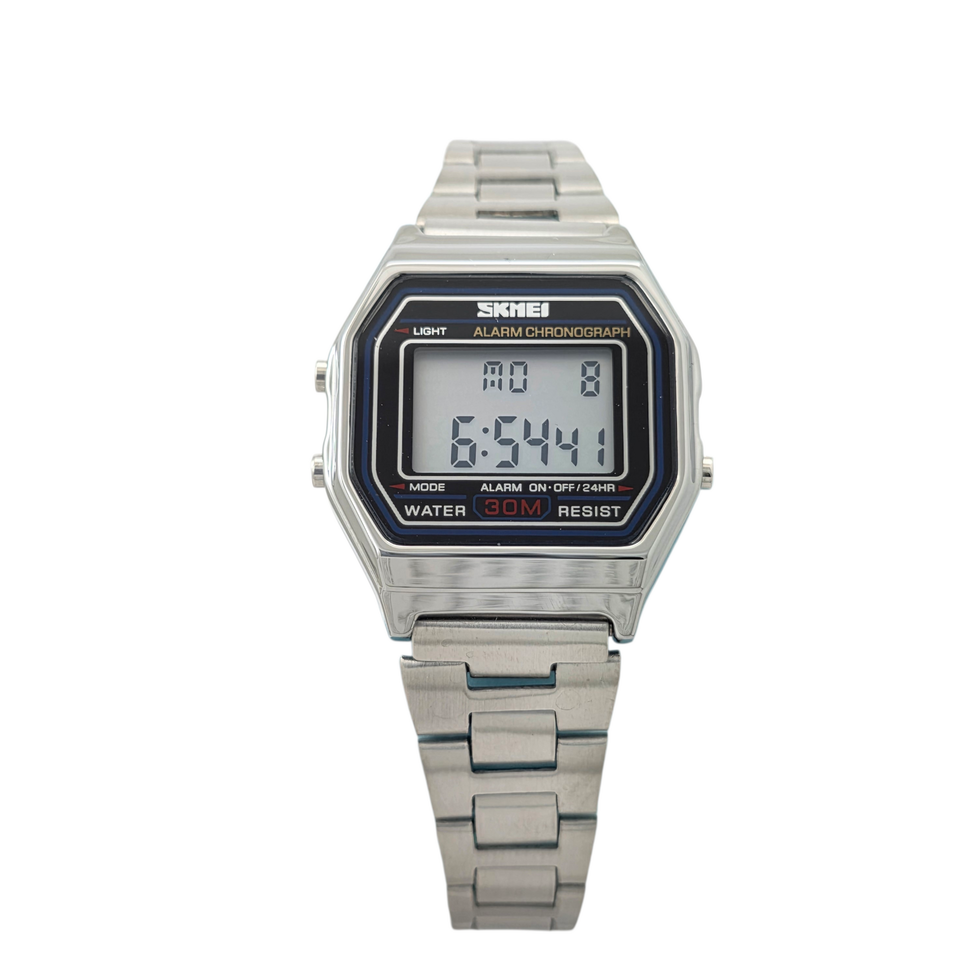 Montre digital rétro 27mm argentée bracelet acier chrono alarme LCD vintage 80s