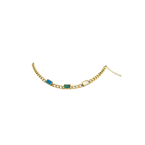Bracelet chaîne doré en acier inoxydable avec pierres rectangulaires colorées – turquoise, vert rayé, nacre – sur fond blanc