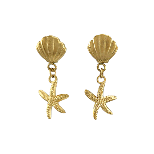 Boucles pendantes dorées en forme de coquillage et étoile de mer vue de face