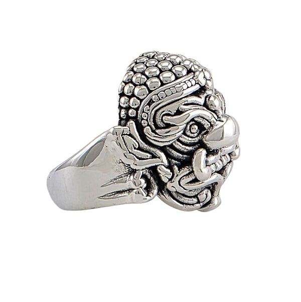 Bague argent sterling creuse avec figure oni japonaise mythique sculptée, masque traditionnel détaillé, style spirituel japonais