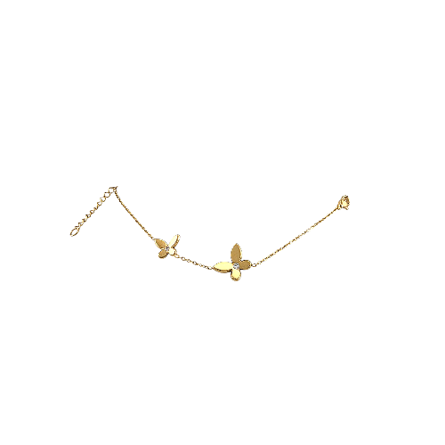 Bracelet doré en acier inoxydable avec deux papillons décorés de cristaux – design délicat sur fond blanc