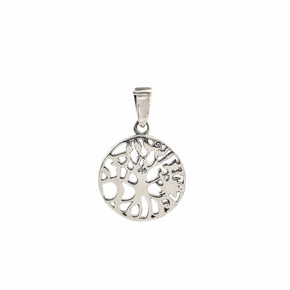 Pendentif médaillon rond arbre de vie en argent sterling 925 oxydé, racines entrelacées et feuilles ajourées gravées, 20mm, fond blanc