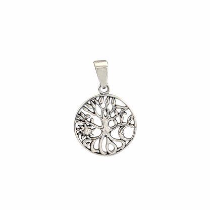 Pendentif médaillon rond arbre de vie en argent sterling 925 oxydé, racines entrelacées et feuilles ajourées gravées, 20mm, fond blanc