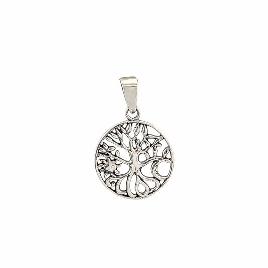 Pendentif médaillon rond arbre de vie en argent sterling 925 oxydé, racines entrelacées et feuilles ajourées gravées, 20mm, fond blanc