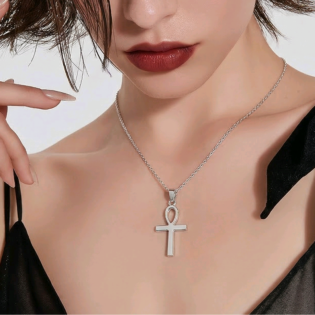 Pendentif croix ankh en argent sterling 925 poli miroir, 33x16mm, symbole égyptien de vie éternelle, fond blanc