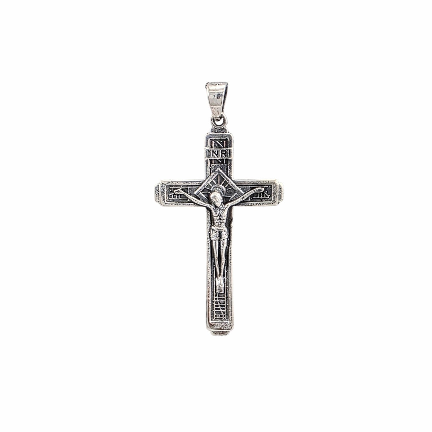 Pendentif croix crucifix Christ INRI en argent sterling 925 oxydé 50x25mm, bijoux religieux Montréal
