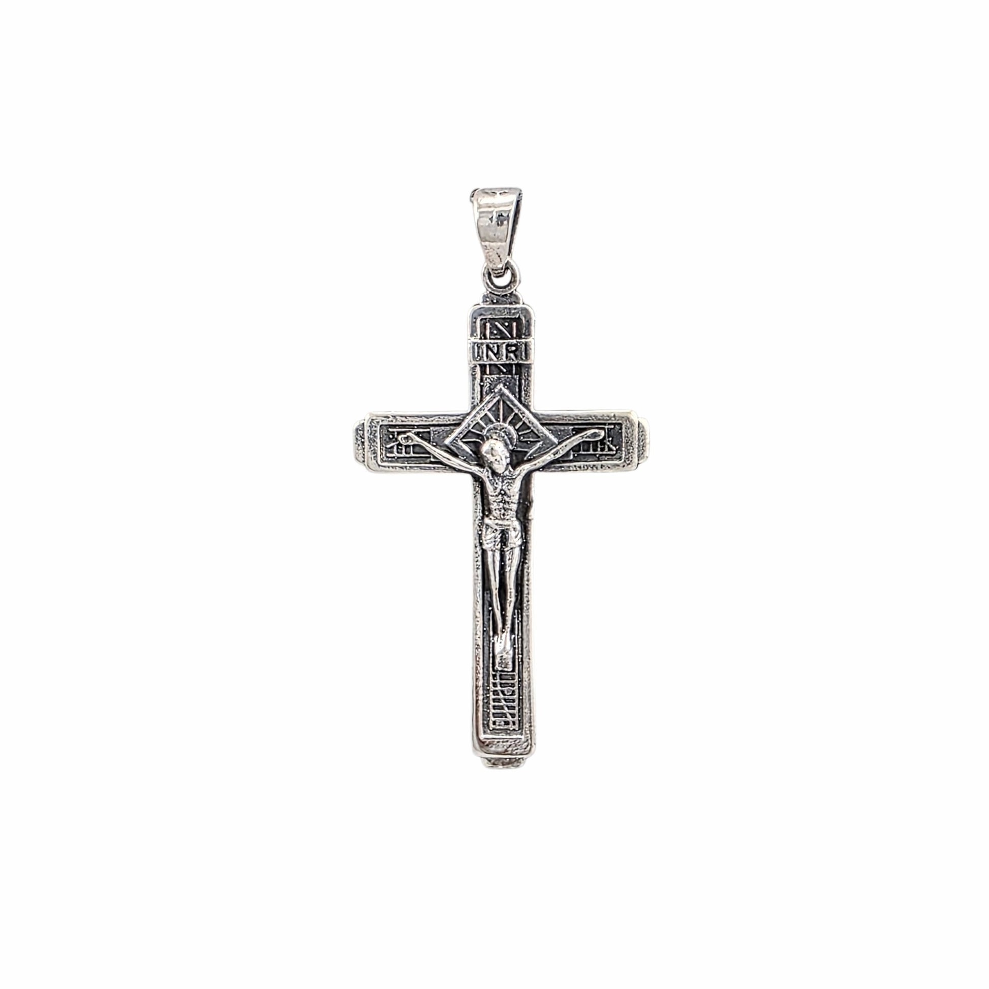 Pendentif croix crucifix Christ INRI en argent sterling 925 oxydé 50x25mm, bijoux religieux Montréal