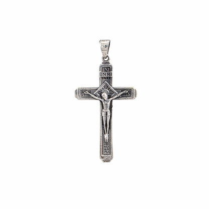 Pendentif croix crucifix Christ INRI en argent sterling 925 oxydé 50x25mm, bijoux religieux Montréal