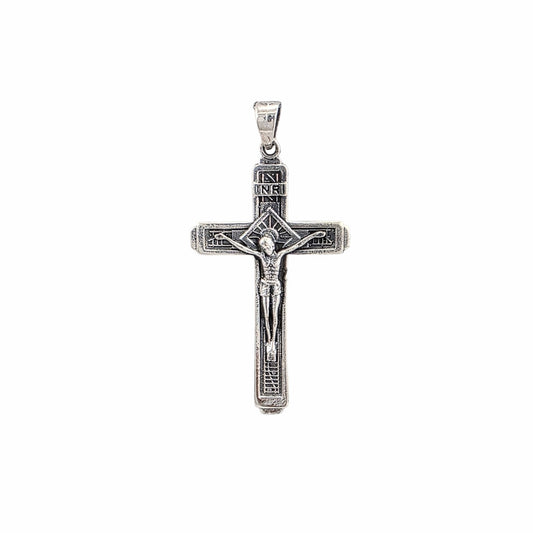 Pendentif croix crucifix Christ INRI en argent sterling 925 oxydé 50x25mm, bijoux religieux Montréal