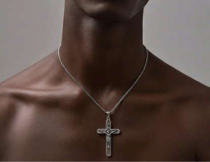 Pendentif croix crucifix Christ INRI en argent sterling 925 oxydé 50x25mm, bijoux religieux Montréal