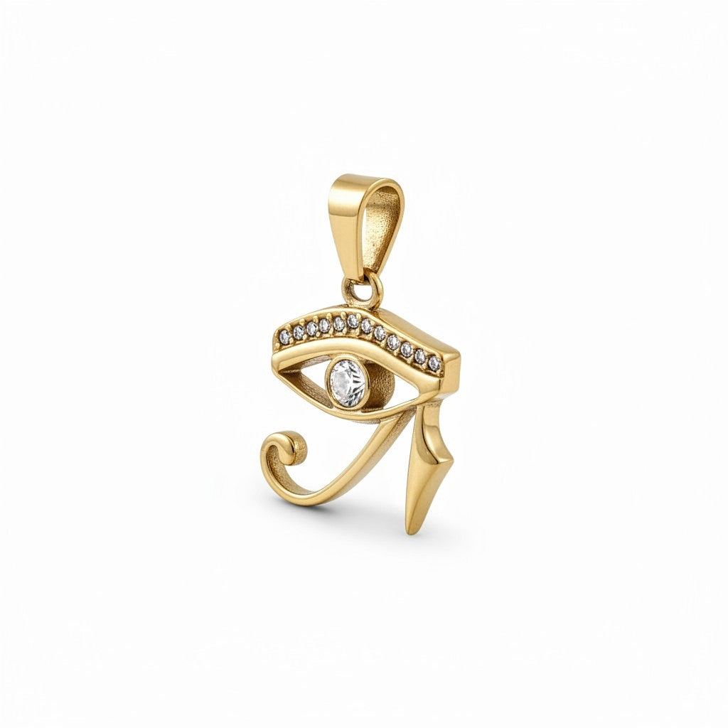 Pendentif Horus oval 20x17mm acier inoxydable doré cristaux – Alberto Bijoux Montréal