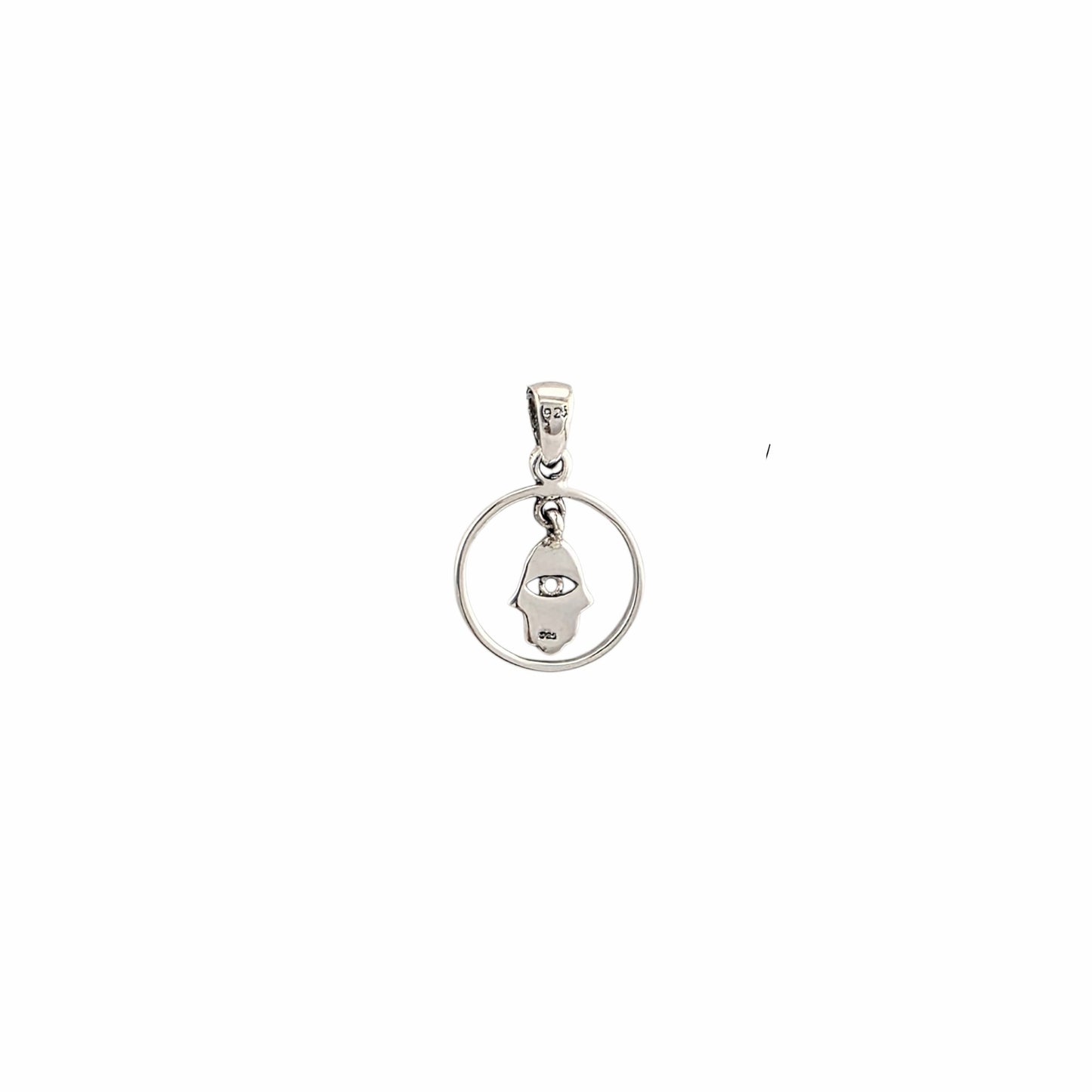 Pendentif main de Fatima hamsa en argent sterling 925 oxydé, charm mobile suspendu dans cercle avec œil gravé au centre, 18mm, fond blanc