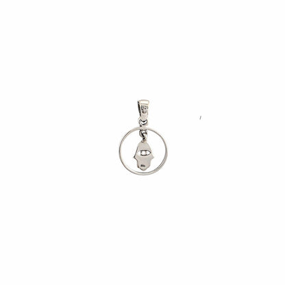 Pendentif main de Fatima hamsa en argent sterling 925 oxydé, charm mobile suspendu dans cercle avec œil gravé au centre, 18mm, fond blanc