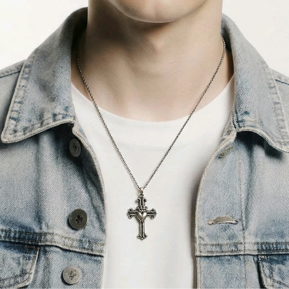 Pendentif croix gothique cœur couronné en argent sterling 925 oxydé 35x19mm, bijoux Montréal