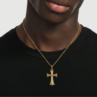 Pendentif croix 38x23mm acier inoxydable doré style gothique – Alberto Bijoux Montréal
