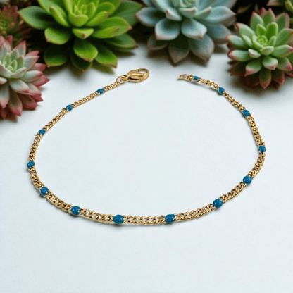 Bracelet chaîne acier doré avec perles bleues - Longueurs 7 et 8 pouces - Alberto Bijoux