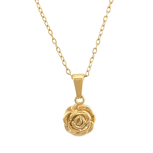 Pendentif en forme de rose dorée avec chaîne de 18 pouces en acier inoxydable – présenté sur fond blanc