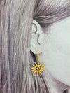 Boucles d’oreilles pendantes dorées en forme de soleil tribal, vue de face, fond blanc