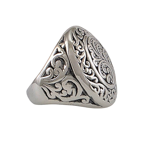 Bague argent sterling ovale creuse avec motifs spirales gravés, design tribal ajouré, style ancestral moderne