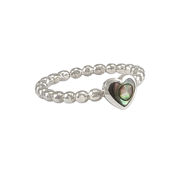 Bague romantique Cordelia en argent sterling avec cœur d'abalone iridescent vert-rose et anneau perlé délicat