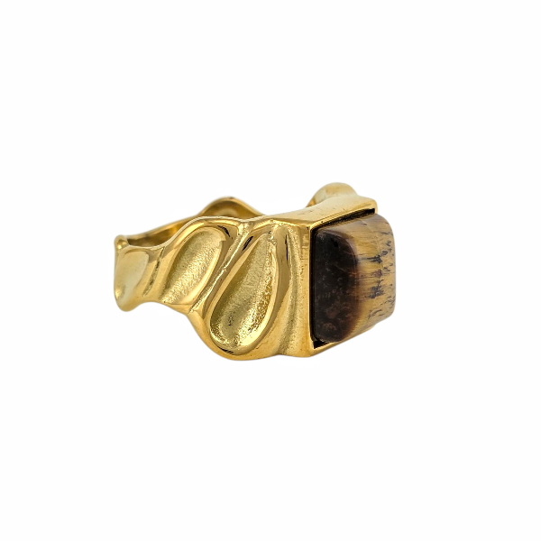 Bague dorée avec pierre œil de tigre rectangulaire, design sculptural et ethnique -Alberto bijoux