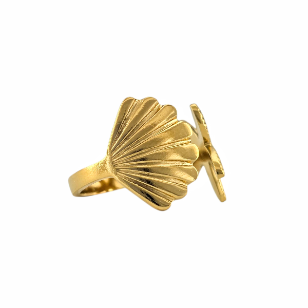 Bague dorée ouverte avec étoile de mer et coquillage stylisé, style estival et marin -Alberto bijoux