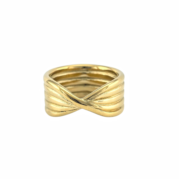 Bague dorée au design croisé et torsadé, élégante et brillante, présentée sur fond blanc - Alberto bijoux