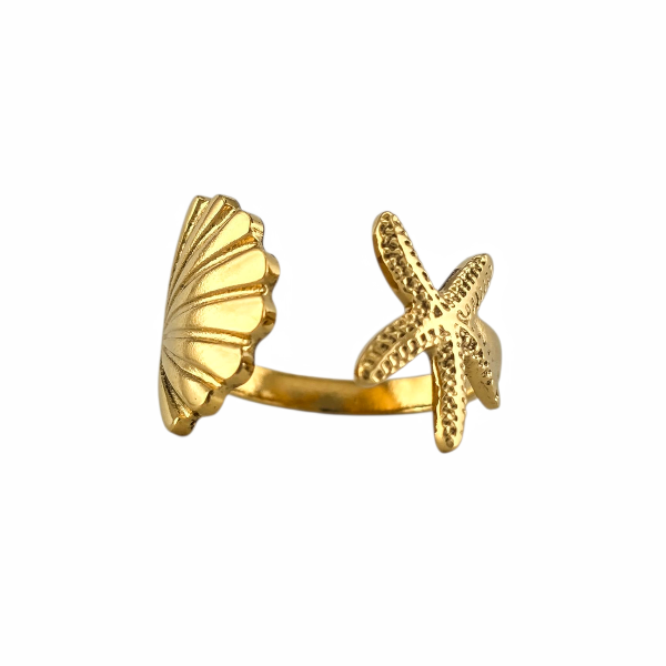 Bague dorée ouverte avec étoile de mer et coquillage stylisé, style estival et marin -Alberto bijoux