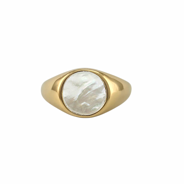Bague chevalière dorée avec nacre ronde blanche, modèle raffiné Perla – Alberto Bijoux