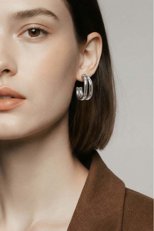 Élégance double – Boucles d’oreilles argentées 25x10 mm en acier inoxydable - Alberto Bijoux