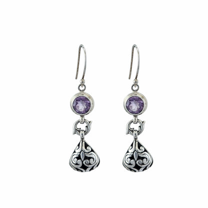 Boucles d'oreilles pendantes deux parties en argent sterling avec améthyste ronde taillée à facettes et pendentif lanterne filigrane balinais gravé, bijoux artisanaux Montréal