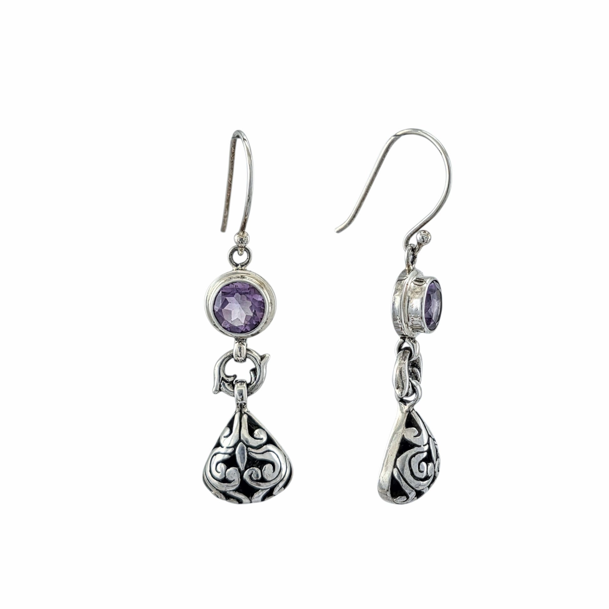 Boucles d'oreilles pendantes deux parties en argent sterling avec améthyste ronde taillée à facettes et pendentif lanterne filigrane balinais gravé, bijoux artisanaux Montréal
