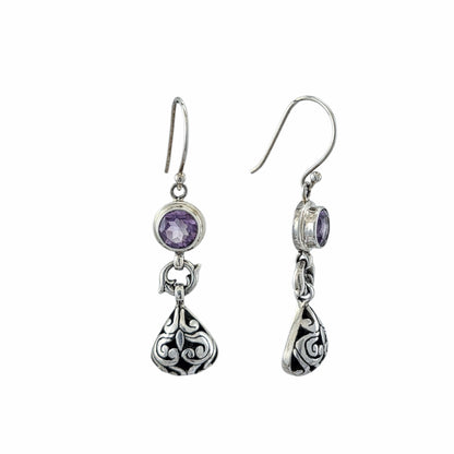 Boucles d'oreilles pendantes deux parties en argent sterling avec améthyste ronde taillée à facettes et pendentif lanterne filigrane balinais gravé, bijoux artisanaux Montréal