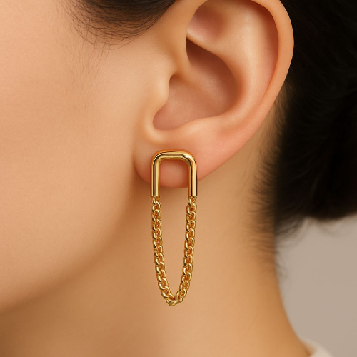 Boucles d’oreilles en acier doré avec design en U et chaînes pendantes