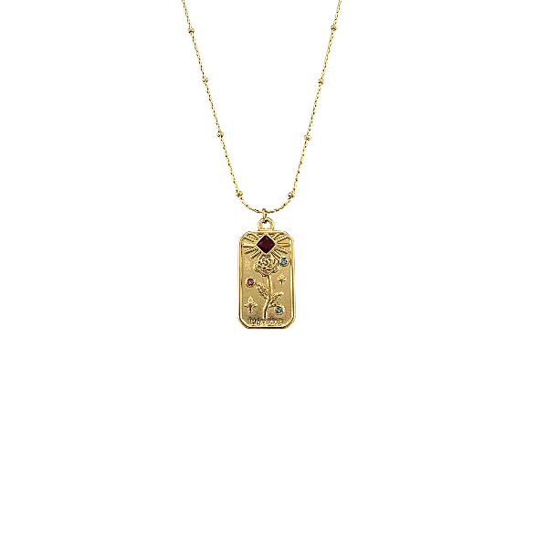 Gold-tone rectangle pendant necklace with rose engraving – Alberto Bijoux