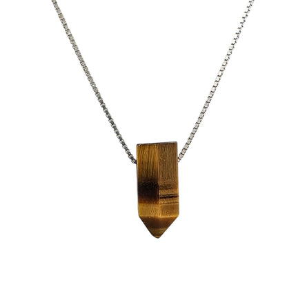 Collier oeil de tigre pendentif pointe cristal naturel chaîne argent sterling