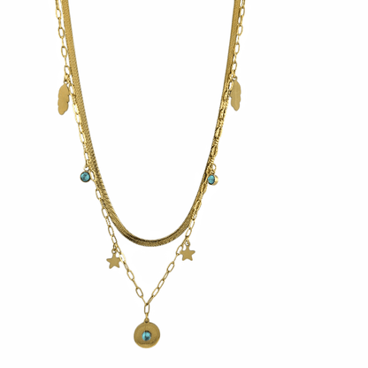 Collier “Blue Star” – Chaîne triple avec pierres turquoise & étoiles - Alberto Bijoux