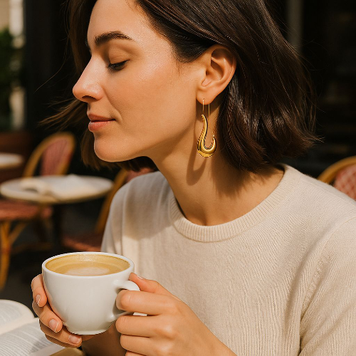 Boucles d’oreilles pendantes dorées avec design sculptural incurvé en acier inoxydable