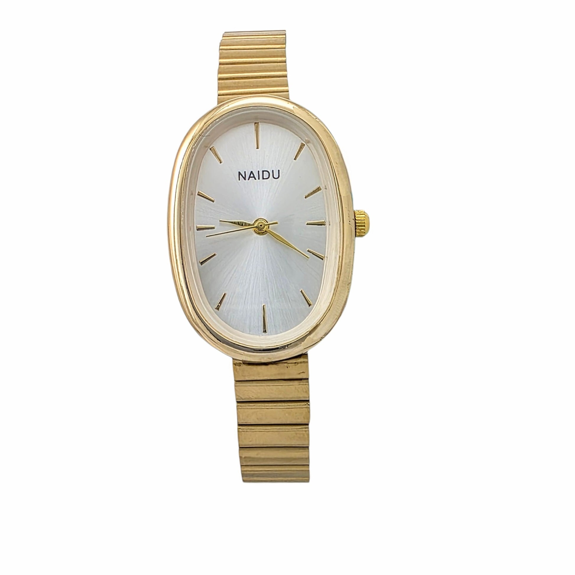 Montre femme ovale dorée cadran blanc bracelet extensible doré vintage stretch