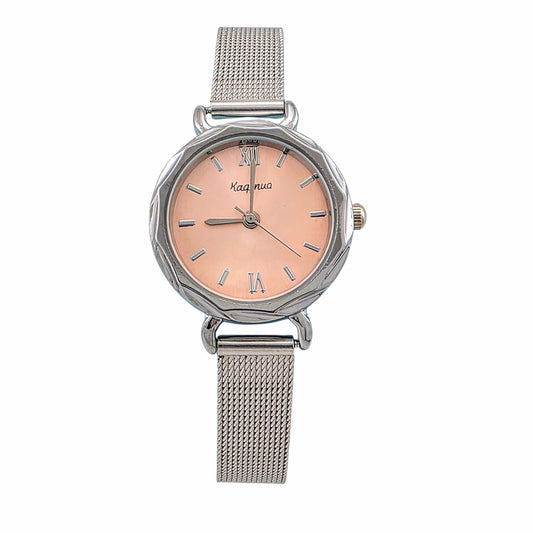 Montre femme acier inoxydable cadran rose gold bracelet mesh argenté milanais ajustable
