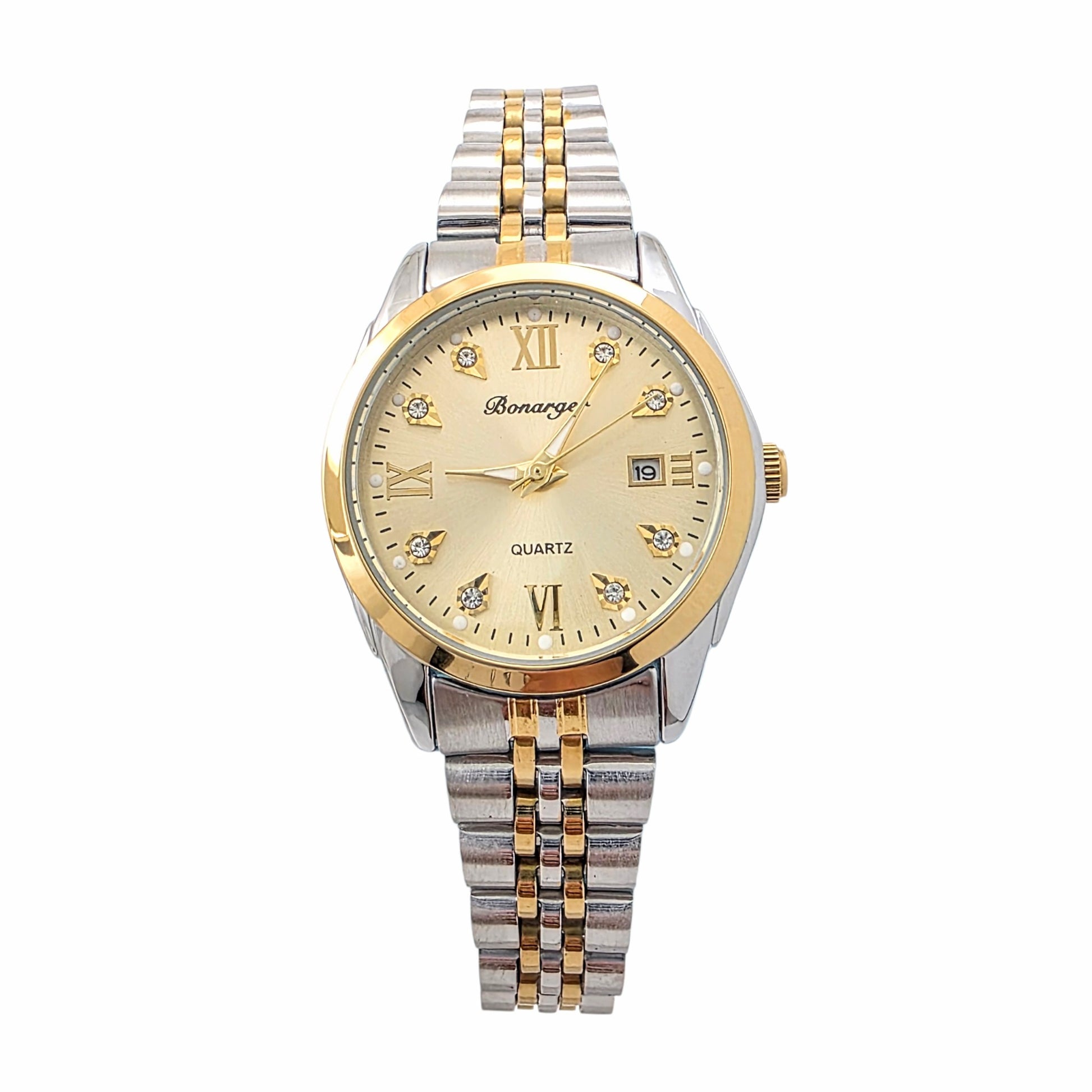 Montre femme bicolore argent doré 25mm cadran champagne chiffres romains strass bracelet jubilé