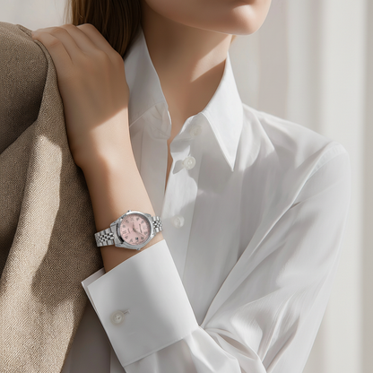 Montre femme tout acier argenté 25mm cadran rose poudré chiffres romains strass bracelet jubilé