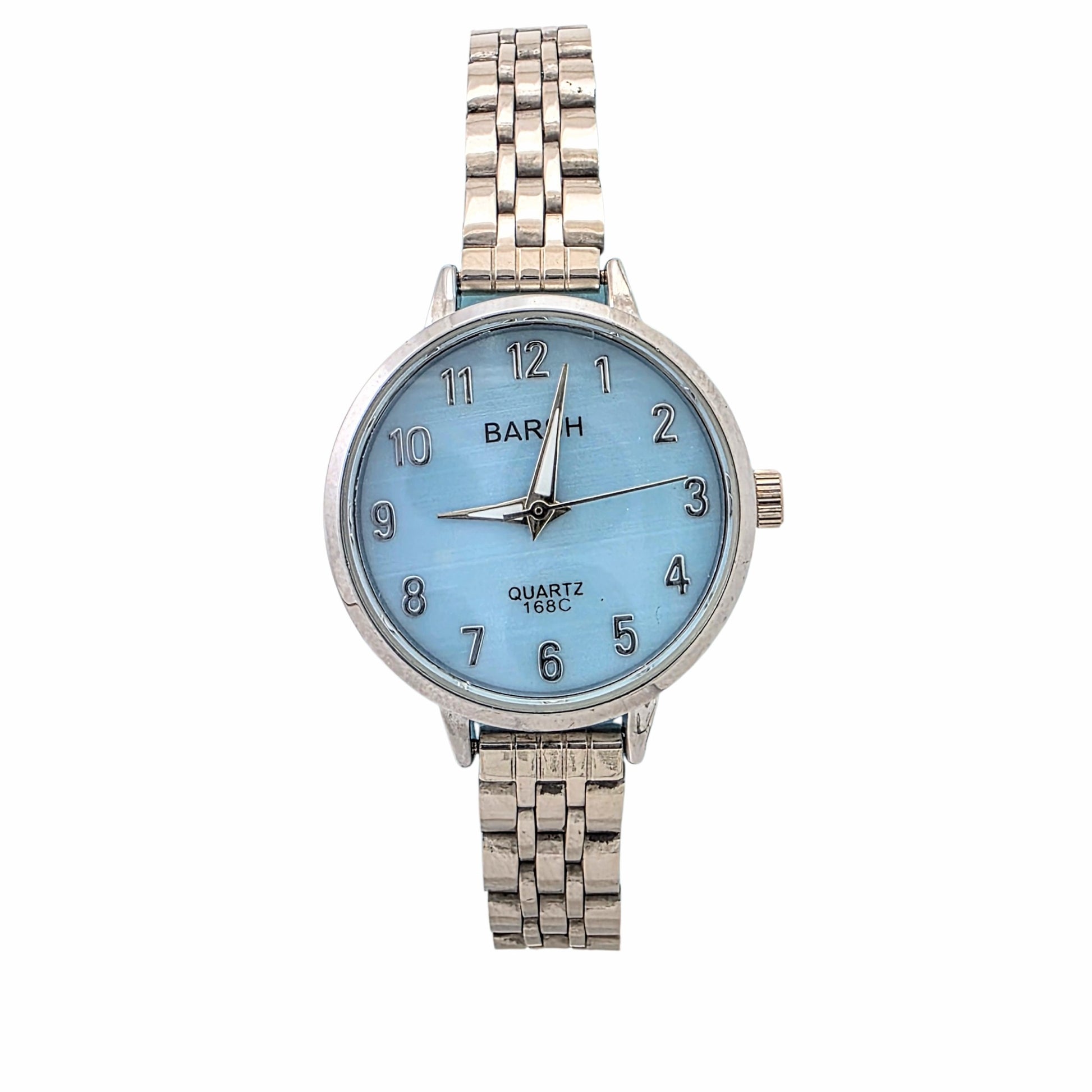 Montre femme tout acier 28mm cadran bleu ciel chiffres arabes bracelet jubilé argenté
