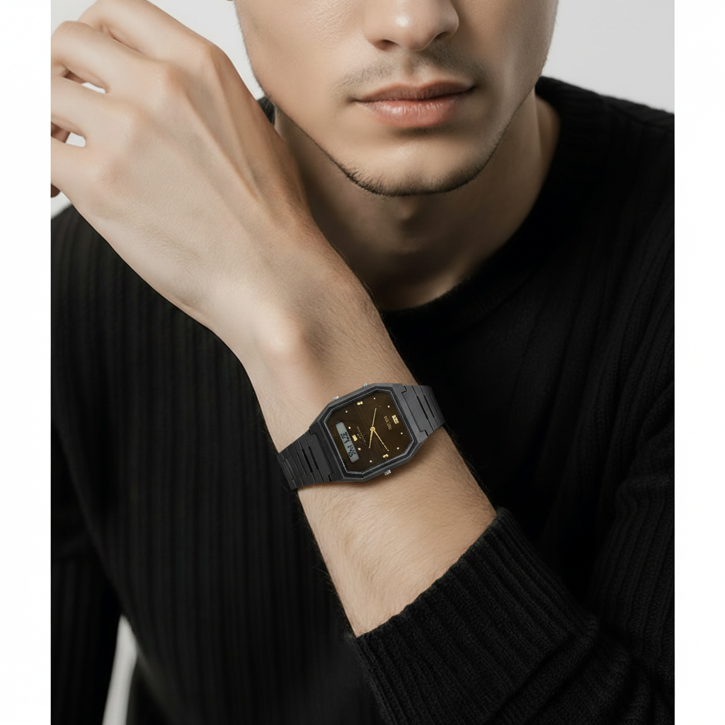 Montre ana-digi noir 30mm cadran analogique digital LCD aiguilles dorées bracelet silicone rétro